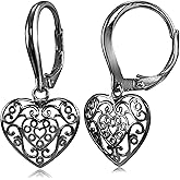 Black Flashed Sterling Silver High Polished Filigree Heart Dangle Leverback Earrings