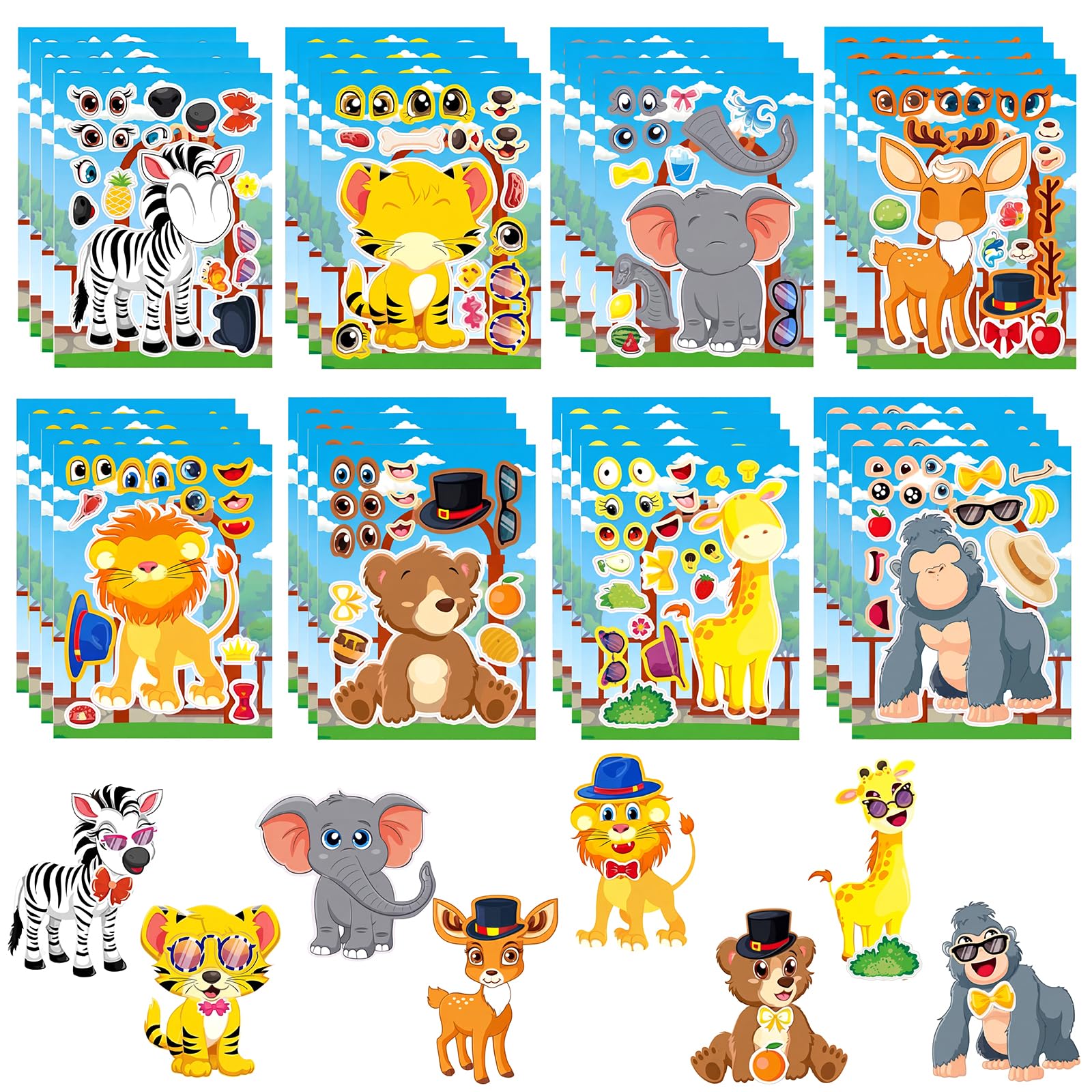 Vfrdsa 24 Sheets Animal Make a Face Stickers - Mix and Match Sticker Sheets | Make Your Own DIY Cartoon Animal Stickers for Kids Party Supplies, Birthday Gifts & Safari Themed Activities