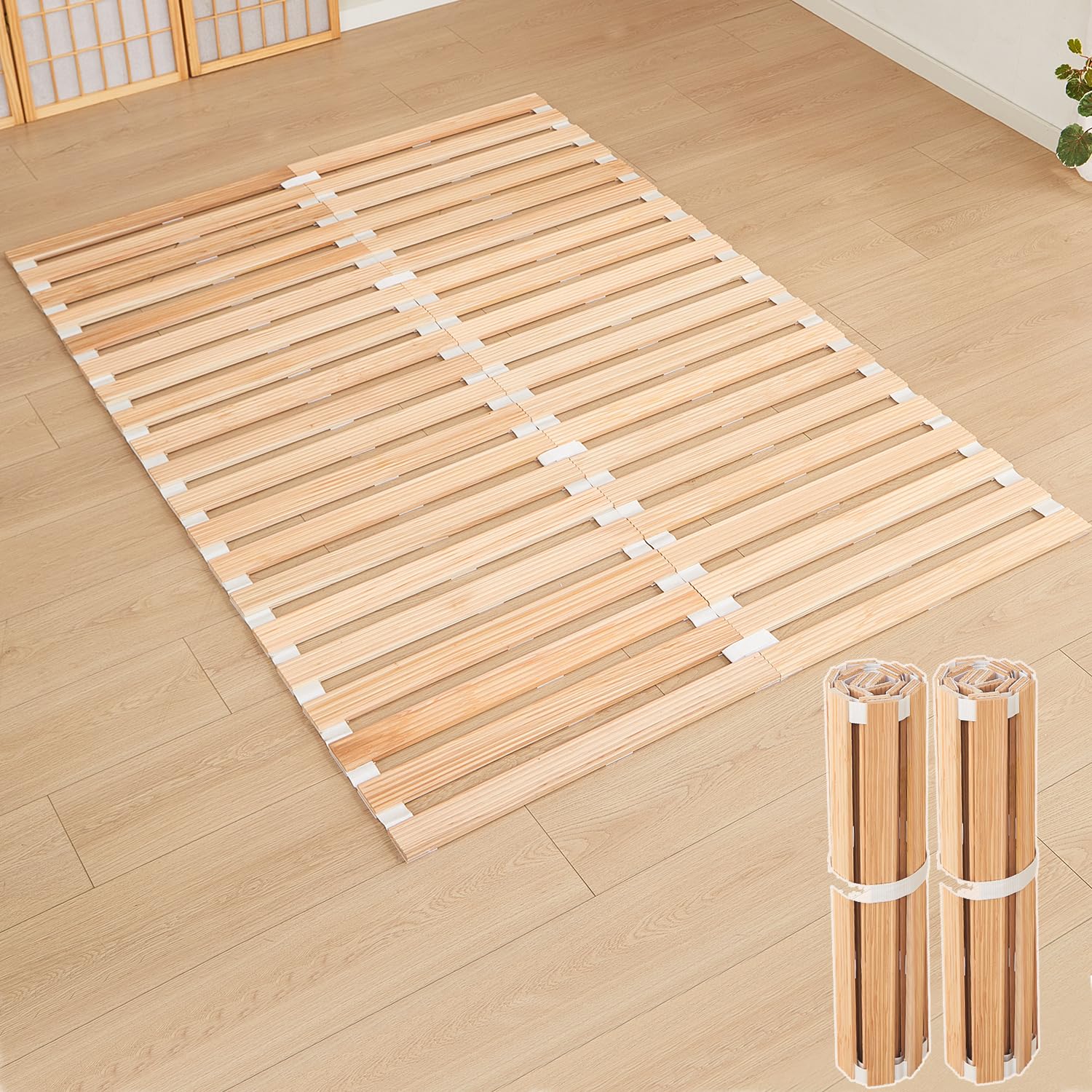 良木久印 すのこベッド ダブル すのこ ロール スノコ ベッド 国産スギ 折りたたみベッド リブ加工 すのこ ダブル ベッド フレーム 木製 すのこマット 湿気/カビ対策 滑り止め商品画像