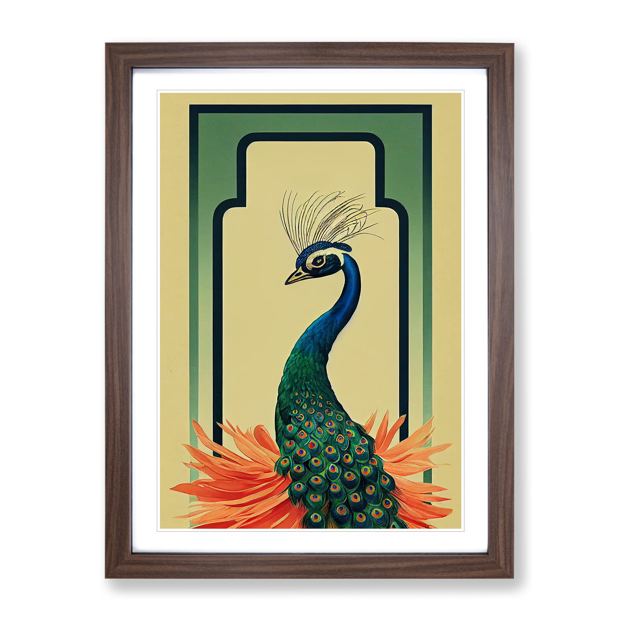 Peacock Art Deco No.2 Framed Print | A3 Walnut Framed Wall Art | Ready to Hang | Art Deco Animal Picture | Living Room Bedroom Lounge Office