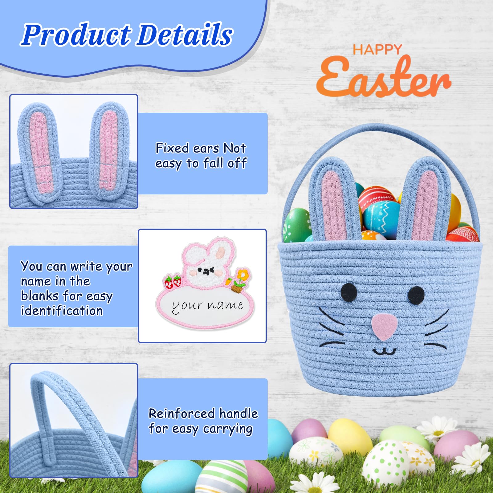 Brbecon Easter Bunny Basket for Kids with Name Tag, Blue Small Woven Easter Basket for Girls, Easter Egg Hunt Baskets Bags Easter Gifts Basket for Girls Baby Kids Children 9.8 x 7.8 x 7.8