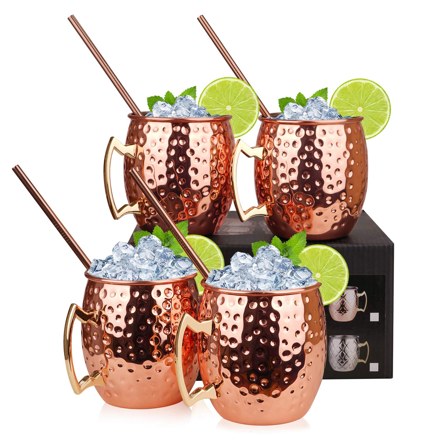 Hossejoy Moscow Mule Copper Mugs Set of 4 - Includes 4 x Cups 550ml, 4 Straws in Gift Box - Great for Cocktail Chilled Drink - 100% Copper Accessories Lovers