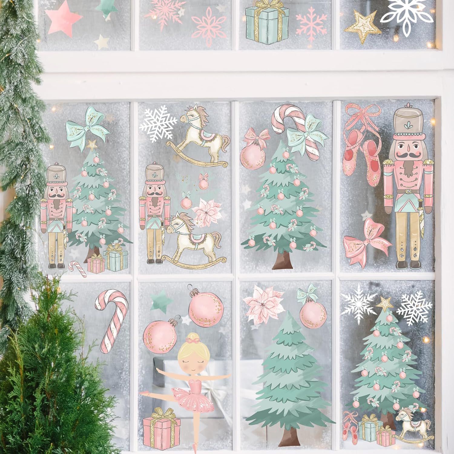 Nutcrackers - Pink Christmas Window Clings,Merry Christmas Supplies 9 Sheets Christmas Window Stickers Removable Christmas Decor for Glass Windows Winter Xmas Holiday