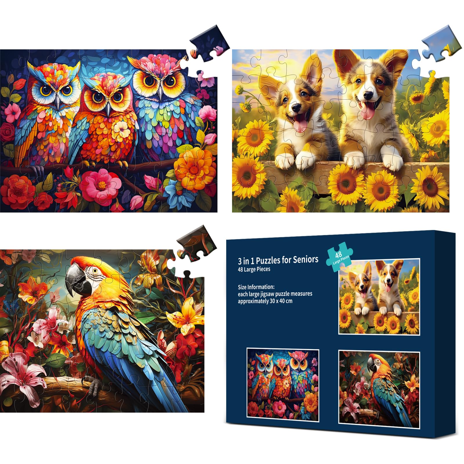 3 Packs Large Piece Puzzle for Adults - Dementia 48 Pieces Puzzles for Elderly Adults,Alzheimer’s Puzzles Memory Cognitive Games for Elderly Seniors with 3 Storage Bags