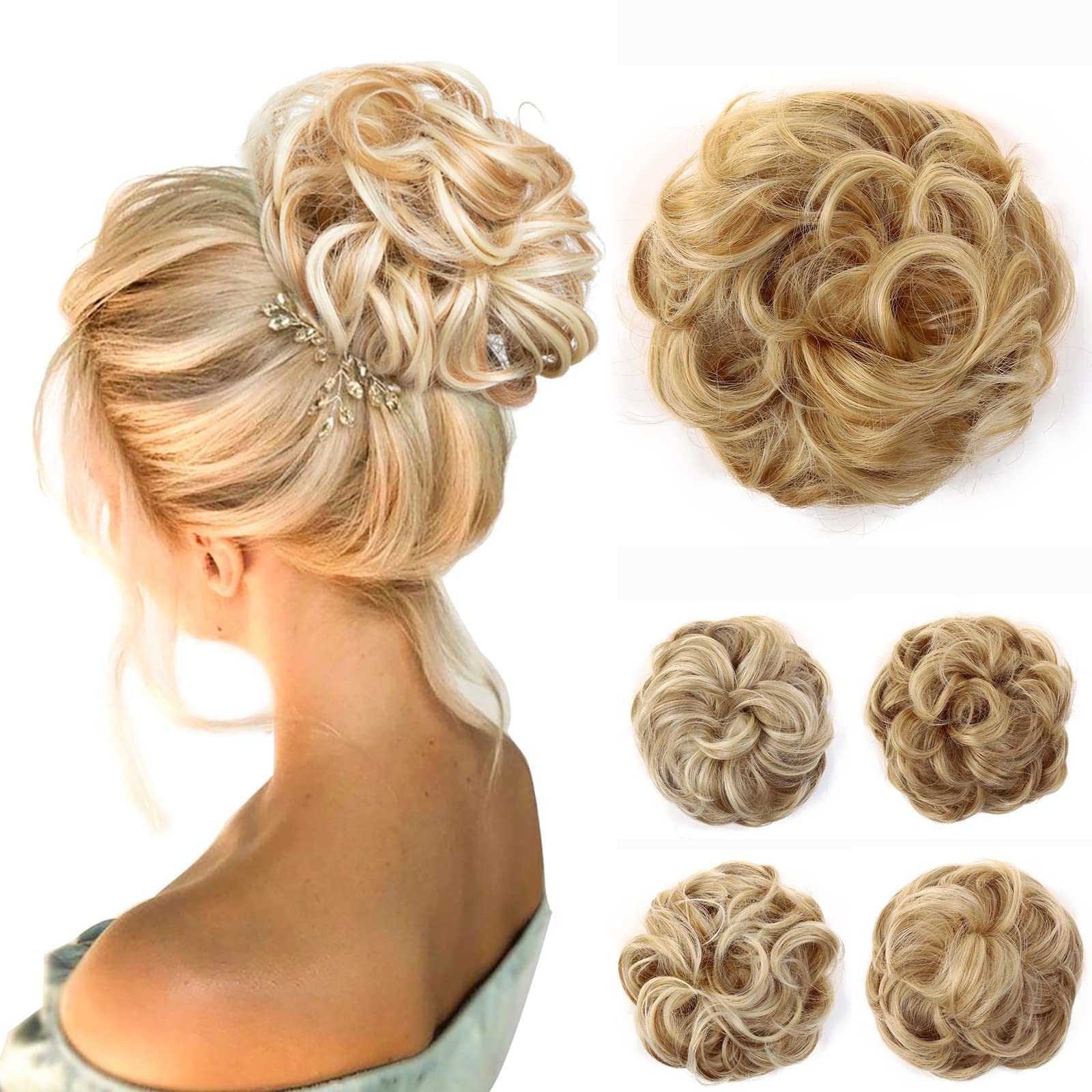 JJstar Messy Hair Bun Curly Wavy Hair Scrunchies Accessories Pieces for Women Girls Synthetic Chignons (Golden Blonde/Beach Blonde)