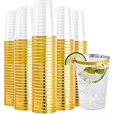 FOCUSLINE 200 Pack 12 oz Gold Rimmed Plastic Cups, Clear Plastic Cups Tumblers, Heavy-duty & Fancy Disposable Hard Cup 12 Ounce with Gold Rim for Wedding Cup Elegant Party Cups