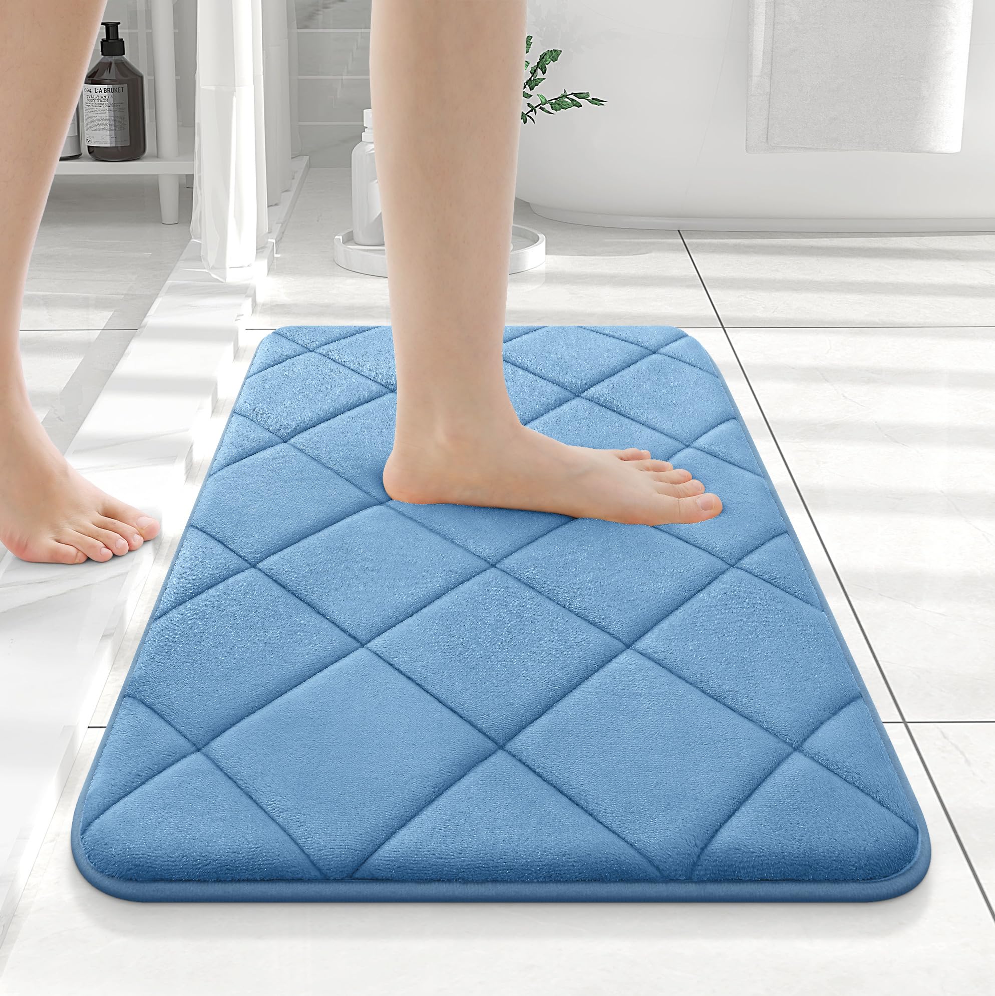 Photo 1 of OLANLY Memory Foam Bath Mat 24x16, Ultra Soft and Absorbent Bathroom Rugs, Machine Washable, Comfortable Bath Carpet for Bathroom Floor, Tub and Shower, Blue