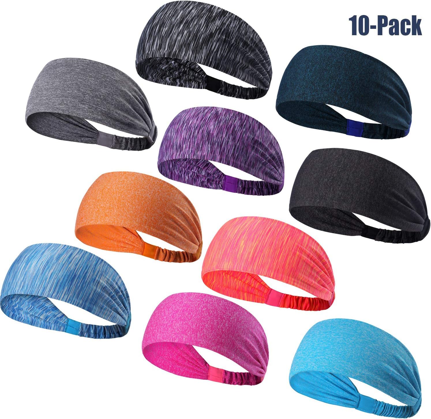 DASUTA Set of 10 Women's Yoga Sport Athletic Headband for Running Sports Travel Fitness Elastic Wicking Workout Non Slip Lightweight Multi Headbands Headscarf fits All Men & Women (Style 1-10 Color)