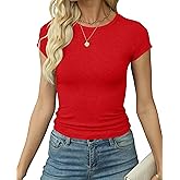 Artfish Women's Short Sleeve Shirts Crewneck Cropped Workout Slim Fitted Ribbed Casual Basic T-Shirts