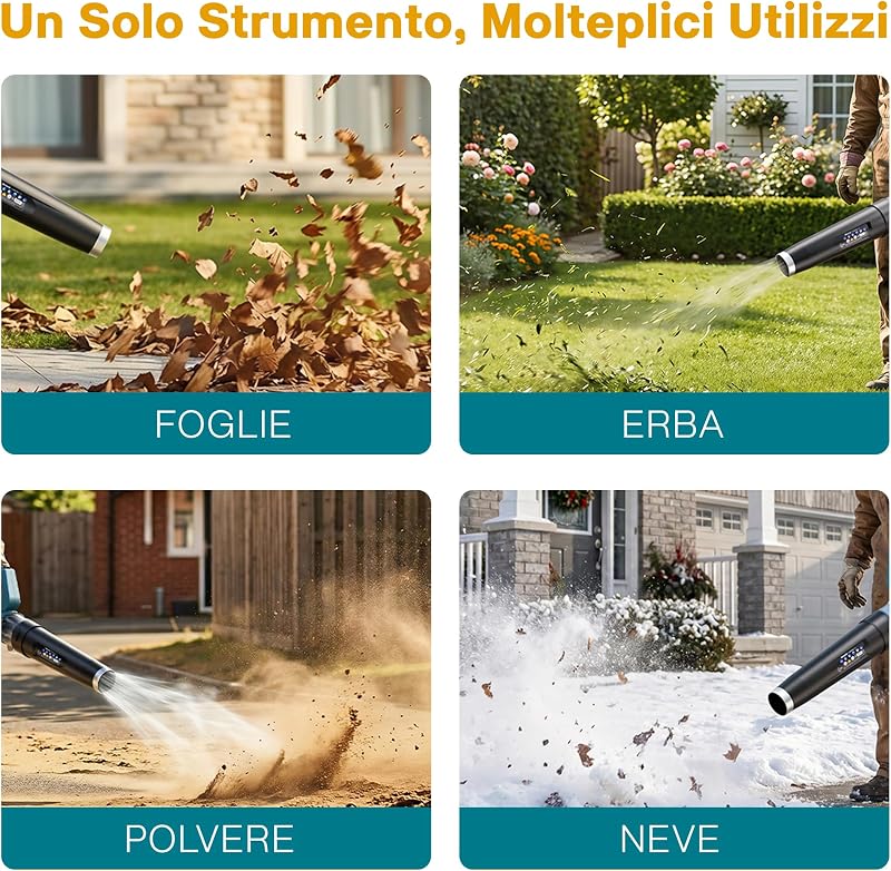 Soffiatore a Batteria Professionale, Motore Brushless, 4 Velocità + Turbo