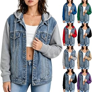 Jean Jacket Women with Hood Layered Washed Long Sleeve Hoodie Denim Jackets | soft comfy contrast sleeve hooded denim jacket