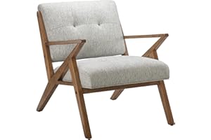 INK+IVY Rocket Mid,Century Modern Accent Chairs for Living Room with Solid Wood Frame Armrest and Legs,Upholstered Pipped Seat,Button Tufted Back Rest, Pecan Finish, Light Grey