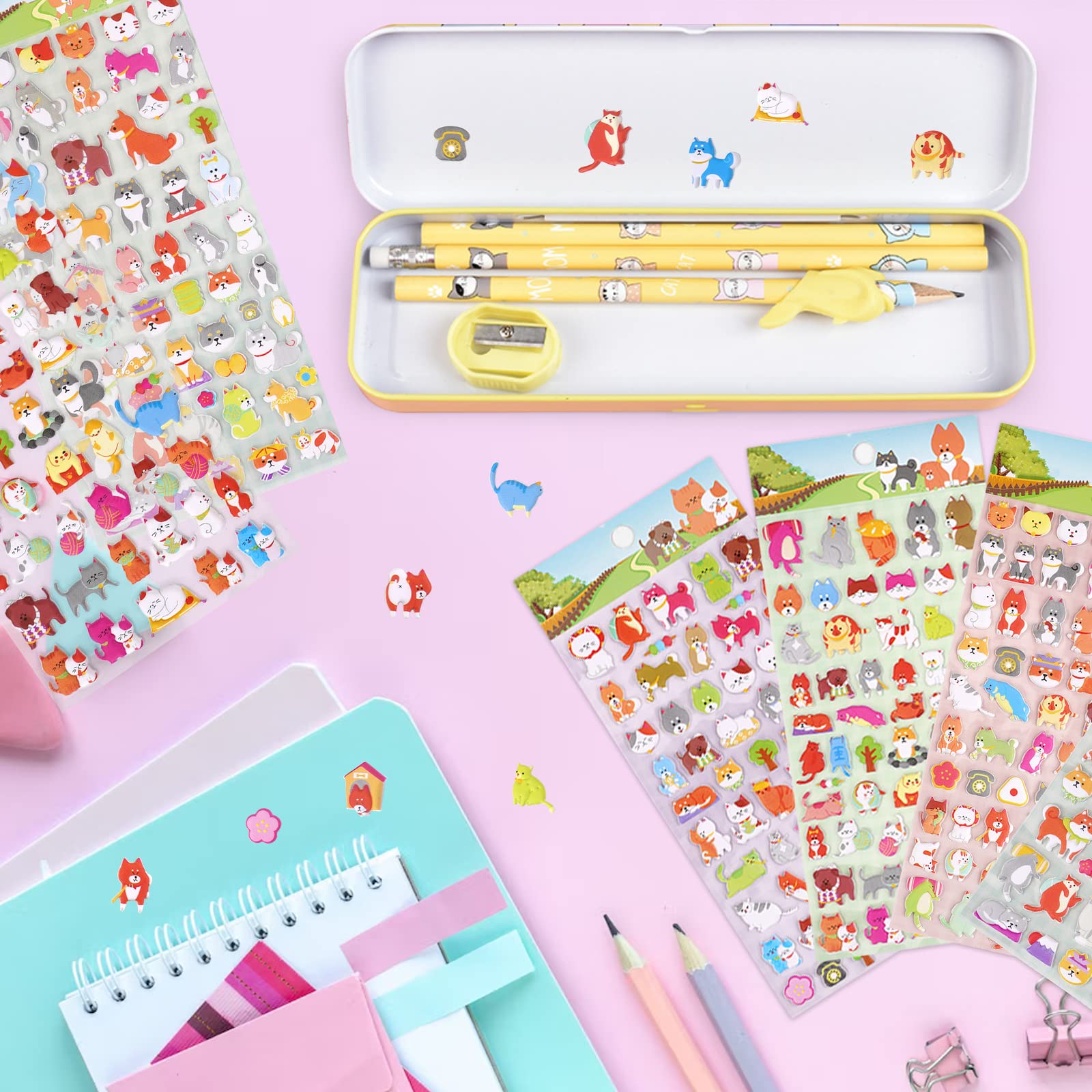 SHANGRLA Cat and Dog Puffy Stickers for Kids, Girls - 3D Puff Puppy Kitten Pet for Adults, Teens - Cute Small Dog Cat Face for Phone Case, Stationery, Albums - 4 Sheets
