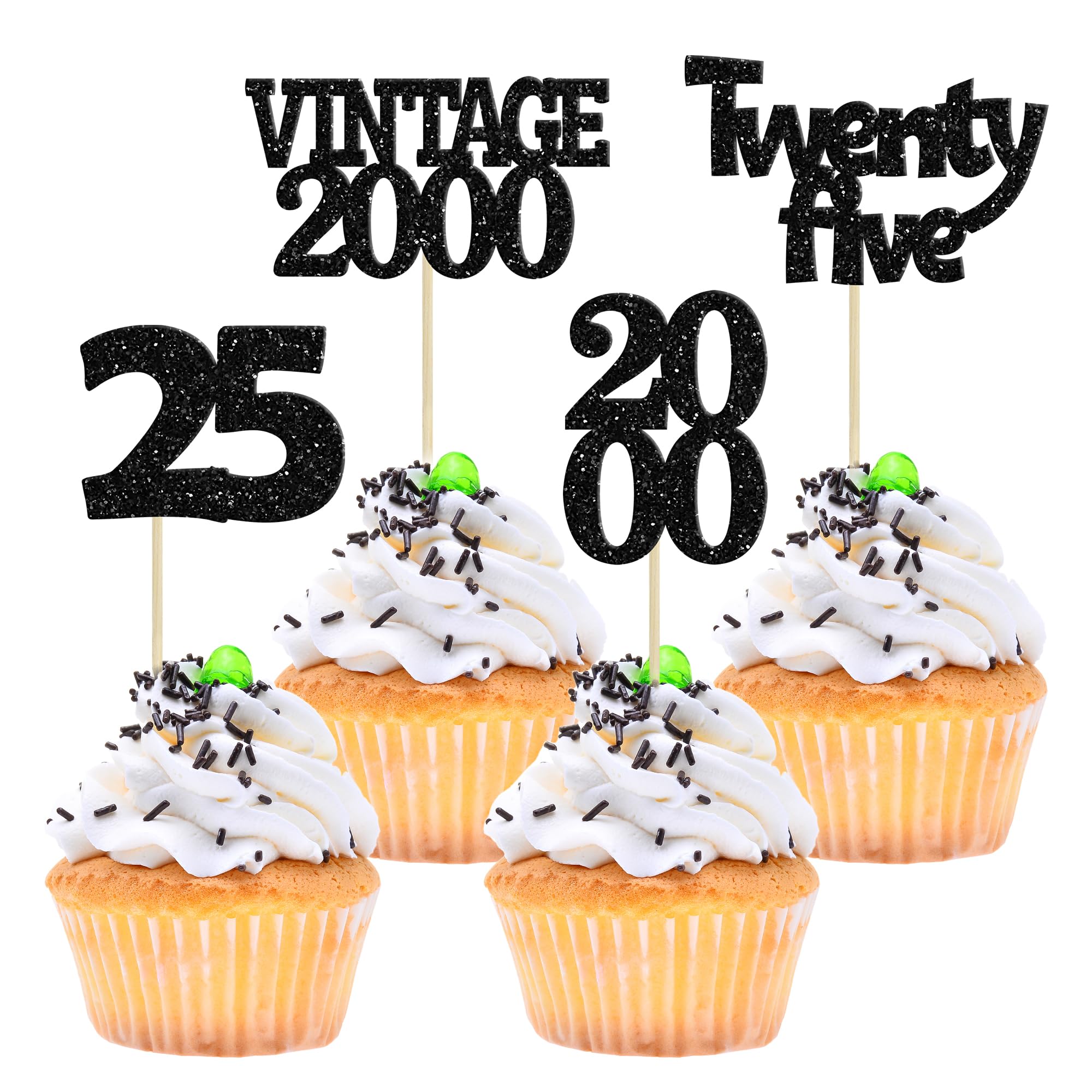 Gyufise 24Pcs 25th Birthday Cupcake Toppers Glitter Twenty-five Vintage 2000 Cheers to 25 Cupcake Picks Birthday Cake Decorations for Happy 25th Birthday Anniversary Party Supplies Black