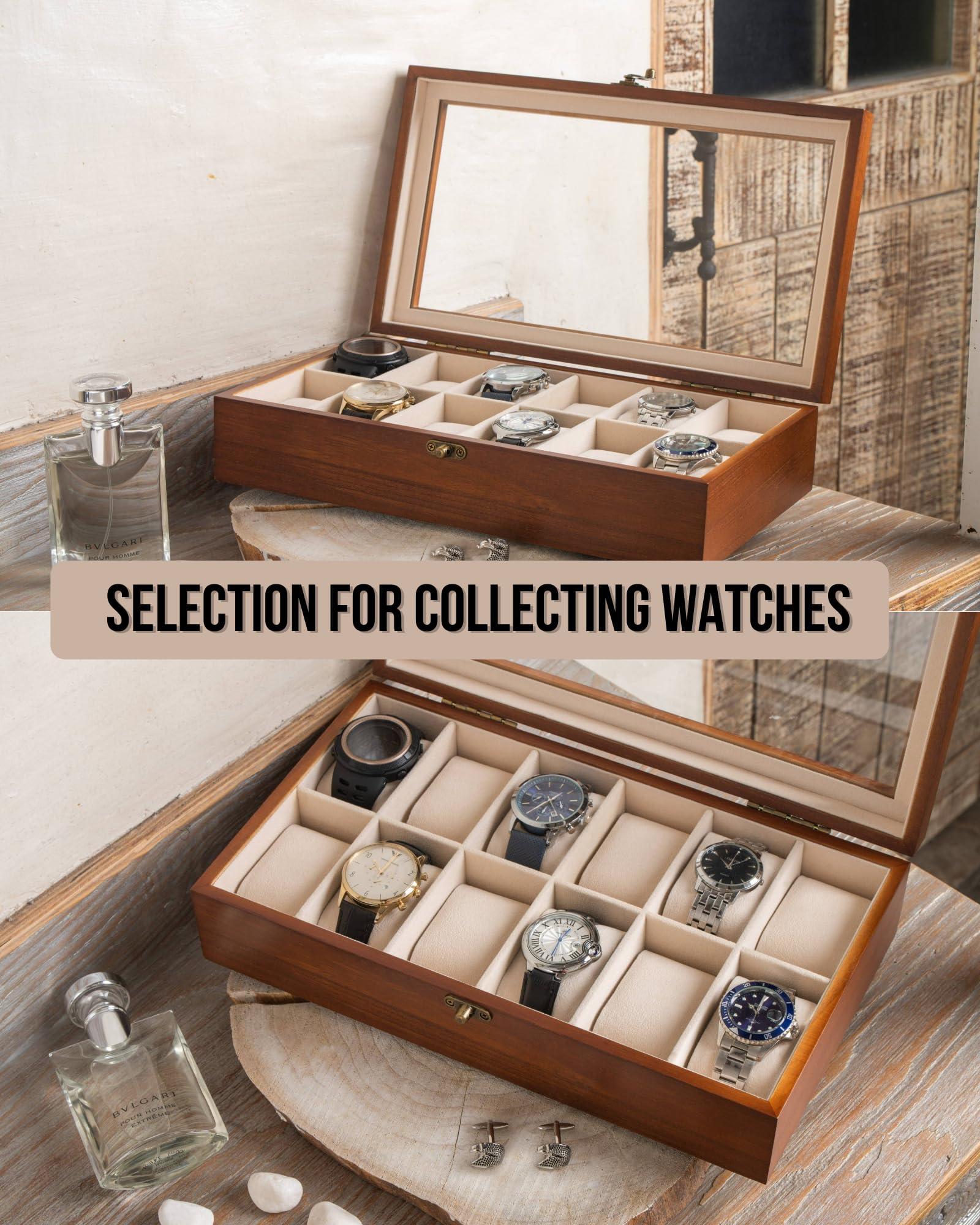 Exper City Watch Box, Watch Case for Men Women with Large Glass Lid, Wooden Watch Display Storage Box with 12 - Slots, Classic Walnut Mens Watch Box Organizer