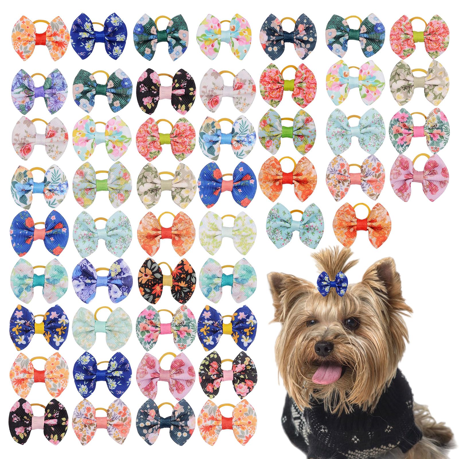 OTKARXUS Dog Hair Bows,48PCS Mixed Colors Dog Bows with Elastic Rubber Bands,Puppy Hair Grooming Accessories Flower Dog Hair Bands for Long Hair Puppy Kitten Dogs Cats (Multi Color C)