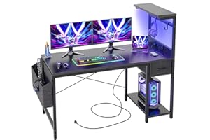 BEXEVUE Gaming Desk 47 inch with Power Outlet and LED Light, Computer Desk with Reversible Shelves and Storage Drawer, Small 