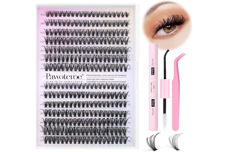 Pawotence Lash Extension Kit DIY 280pcs Lash Clusters Eyelash Extension Kit, 9-16mm 30D 40D Individual Lashes Kit with Lash Bond and Seal, Lash Tweezers for Self Use (30D&40D, 0.07D, 9-16mm, Kit)