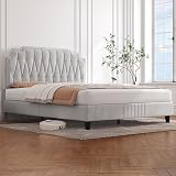 Yaheetech 4ft6 Double Bed Frame Upholstered Platform Beige Velvet Headboard view 3