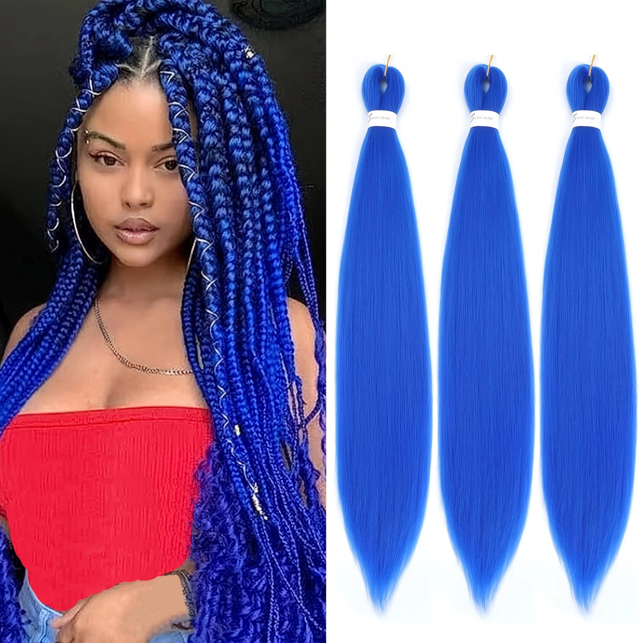 Easy Braid Pre stretched Braiding Hair Extensions - 26 Inch 3Packs Braiding Hair Soft Yaki Texture Crochet Synthetic Hair for Woman Hot Water Setting Crochet Braiding Hair Extensions (Blue#) — image 1