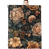 olpddz Vintage Bee and Floral Flannel Blanket Gifts for Nature Lover,60x50inch,Bumblebee and Flower Throw Blankets with Dark Botanical Background,for Bedroom,Sofa,Living Room,Camping Decor Throws