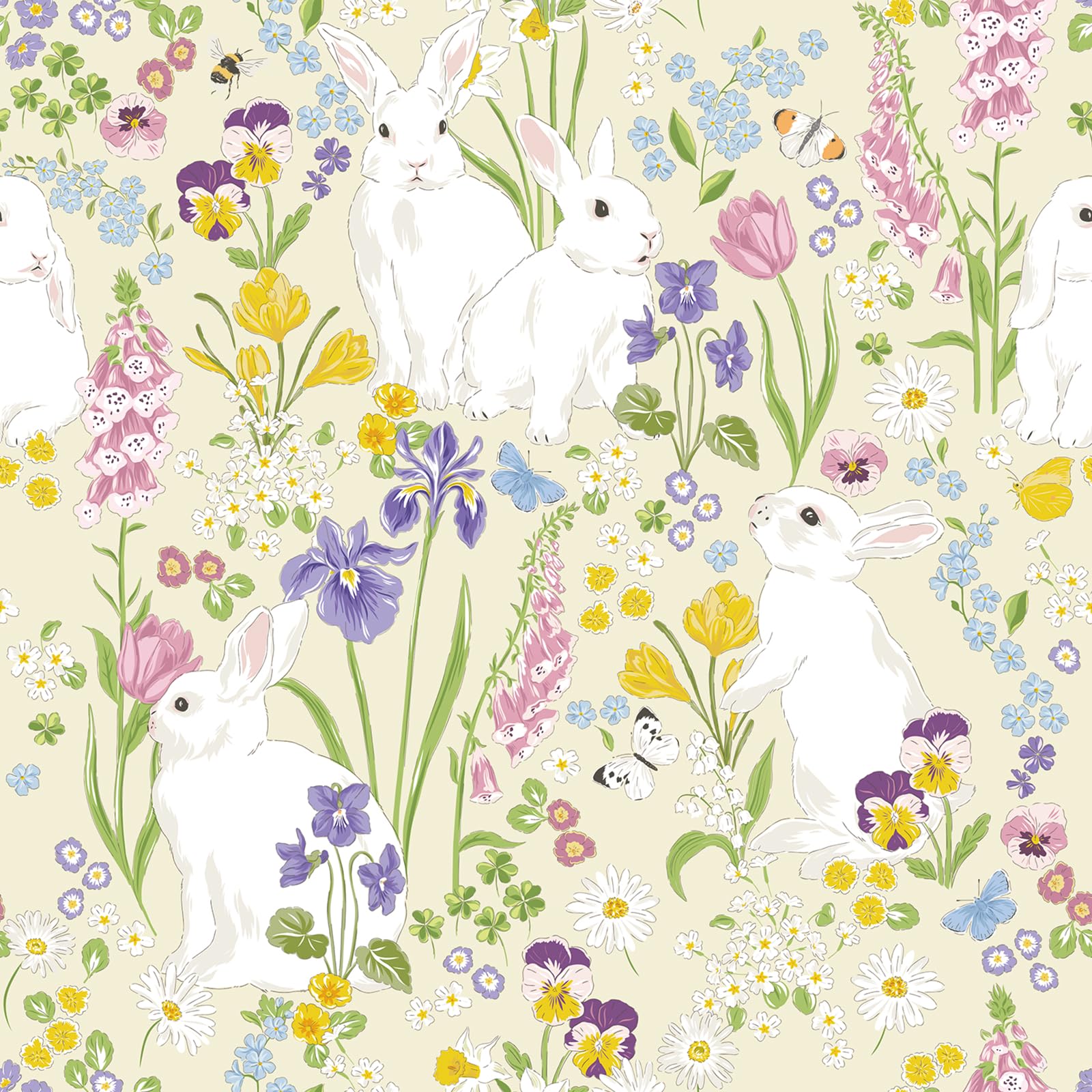 CHDITB Flower Wallpaper Peel and Stick,Spring Wall Decals,Boho Rabbit Wallpaper Kids Bedroom(44x300cm) Floral Butterfly Wall Stickers,Cute Bunny Animals Wall Paper for Nursery Bedroom Cabinets