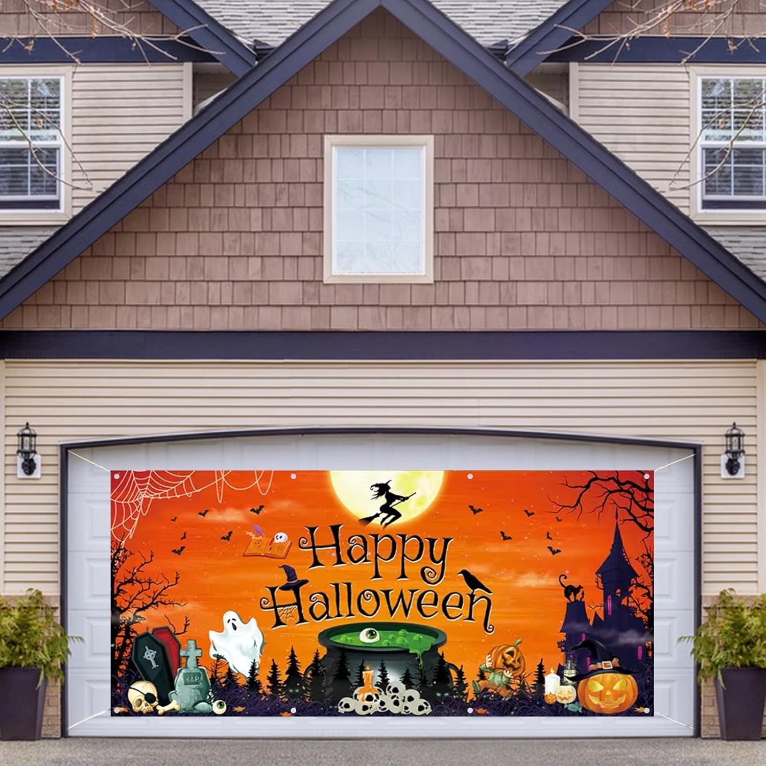 Garage Door Decorations - Eicblua Halloween Garage Door Decorations 6 x 13 ft Happy Halloween Garage Door Banner, Halloween Garage Door Cover Cauldron Backdrop Mural for Home Outdoor Indoor Spooky Party Wall Window Yard (A)