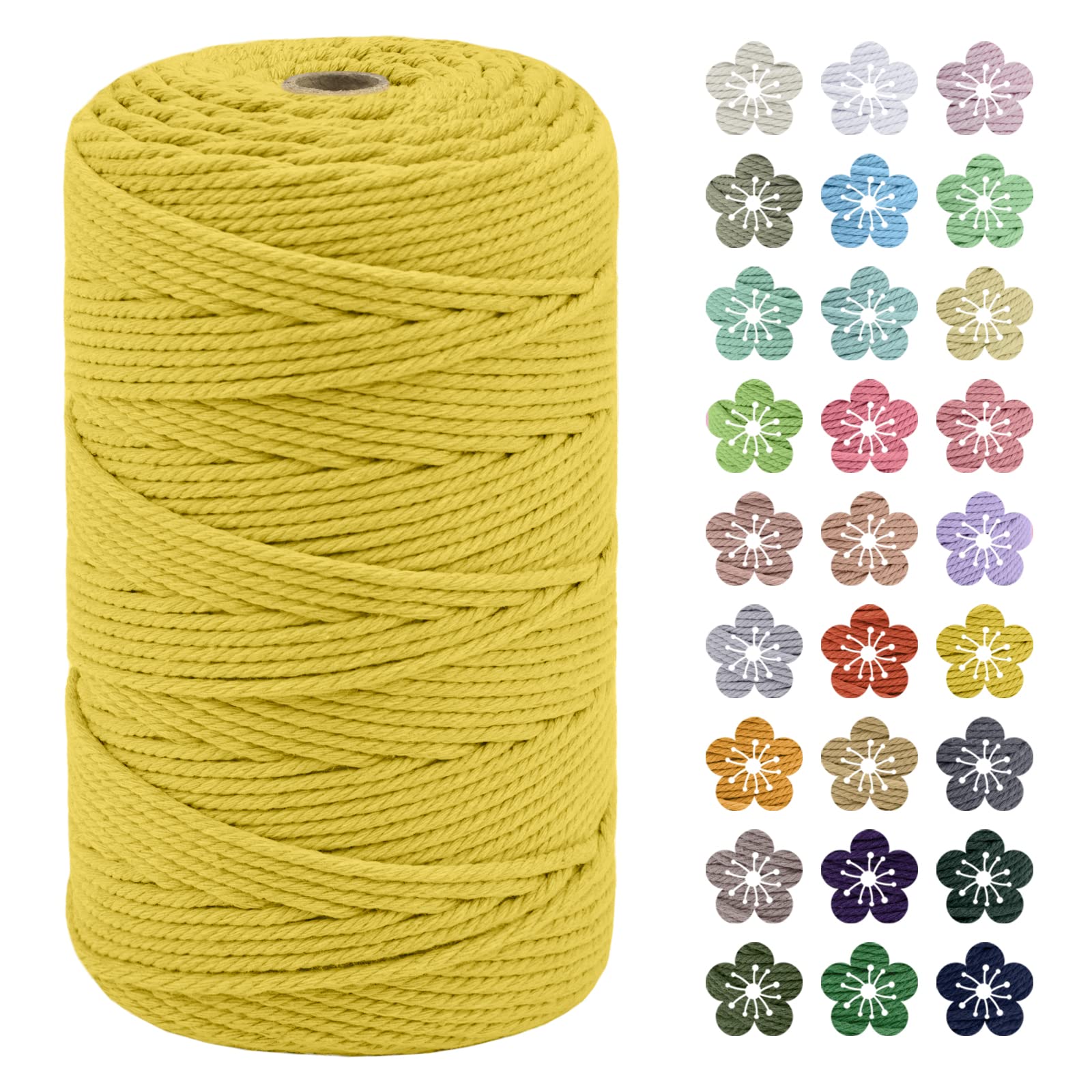 LEREATI Macrame Cord 3mm x 200m, Thick Macrame Rope Natural Cotton Rope Craft String, 4 Strand Twisted Cotton Cord Yarn for DIY Plant Hanger, Wall Hanging, Christmas Decoration (Lemon yellow)