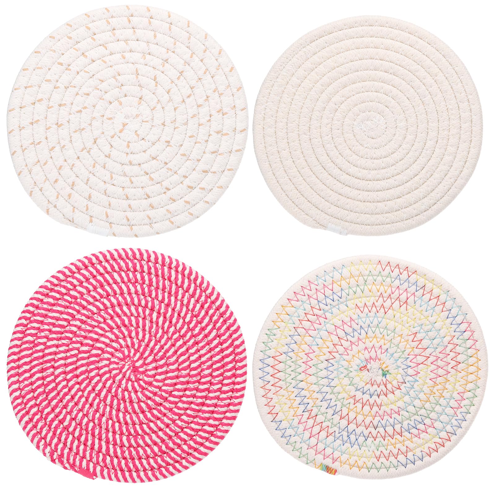 PATIKIL Plant Coasters 7 Inch, 4 Pcs Woven Plant Mat Set for House Indoor Outdoor Gardening Pot Kitchen Table Stripe Color Set