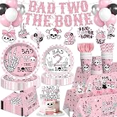 Xynic Bad Two the Bone Party Decorations Girl Tableware Set, Serves 20 | 183 Pcs no assembly disposable plates and napkins set, cake topper, balloons, banner, tablecloth, for girls 2nd Birthday