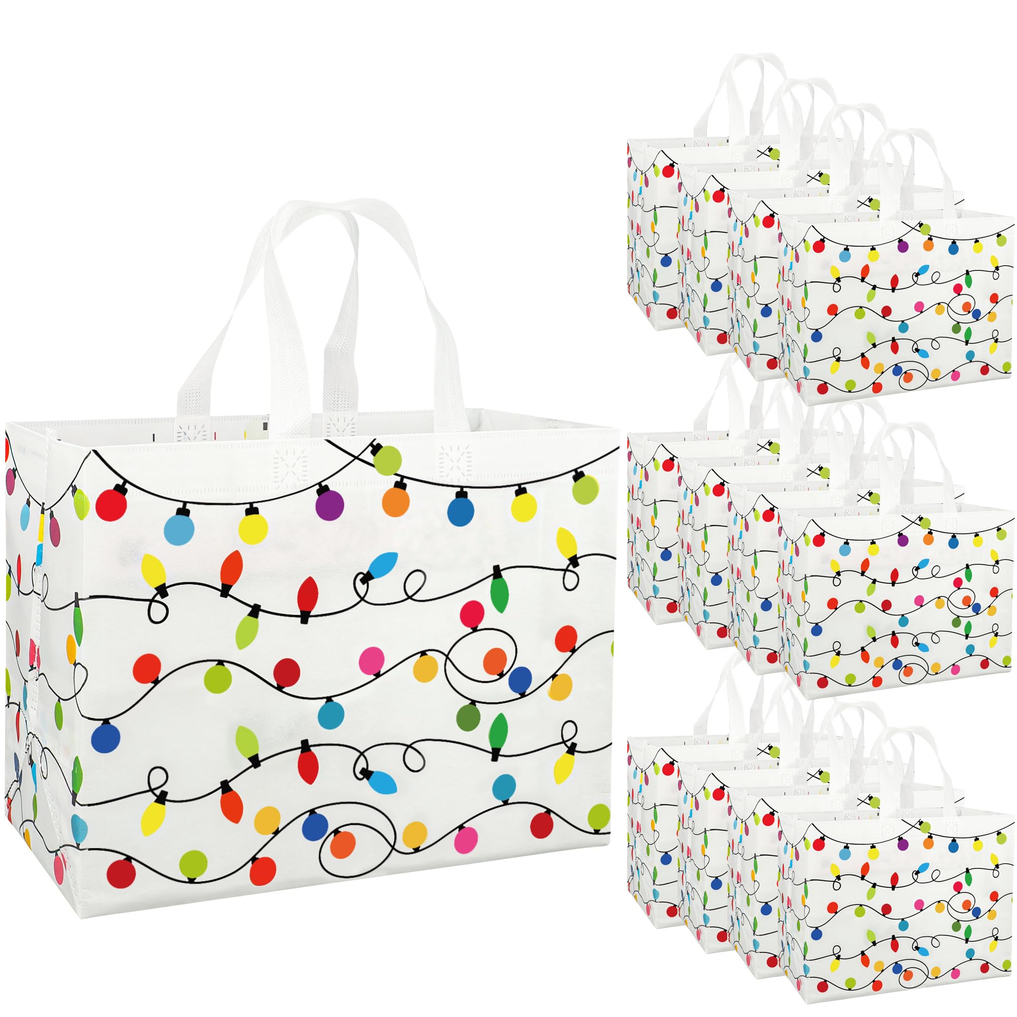 Photo 1 of 12 Pcs Christmas Non Woven Gift Bags 13 x 10 x 6.7 Inch Colorful Xmas Lights Reusable Tote Bag with Handles Xmas Candy Treat Bags Gift Wrapping Bag for Christmas Holiday Party Favors Wrapping Supplies