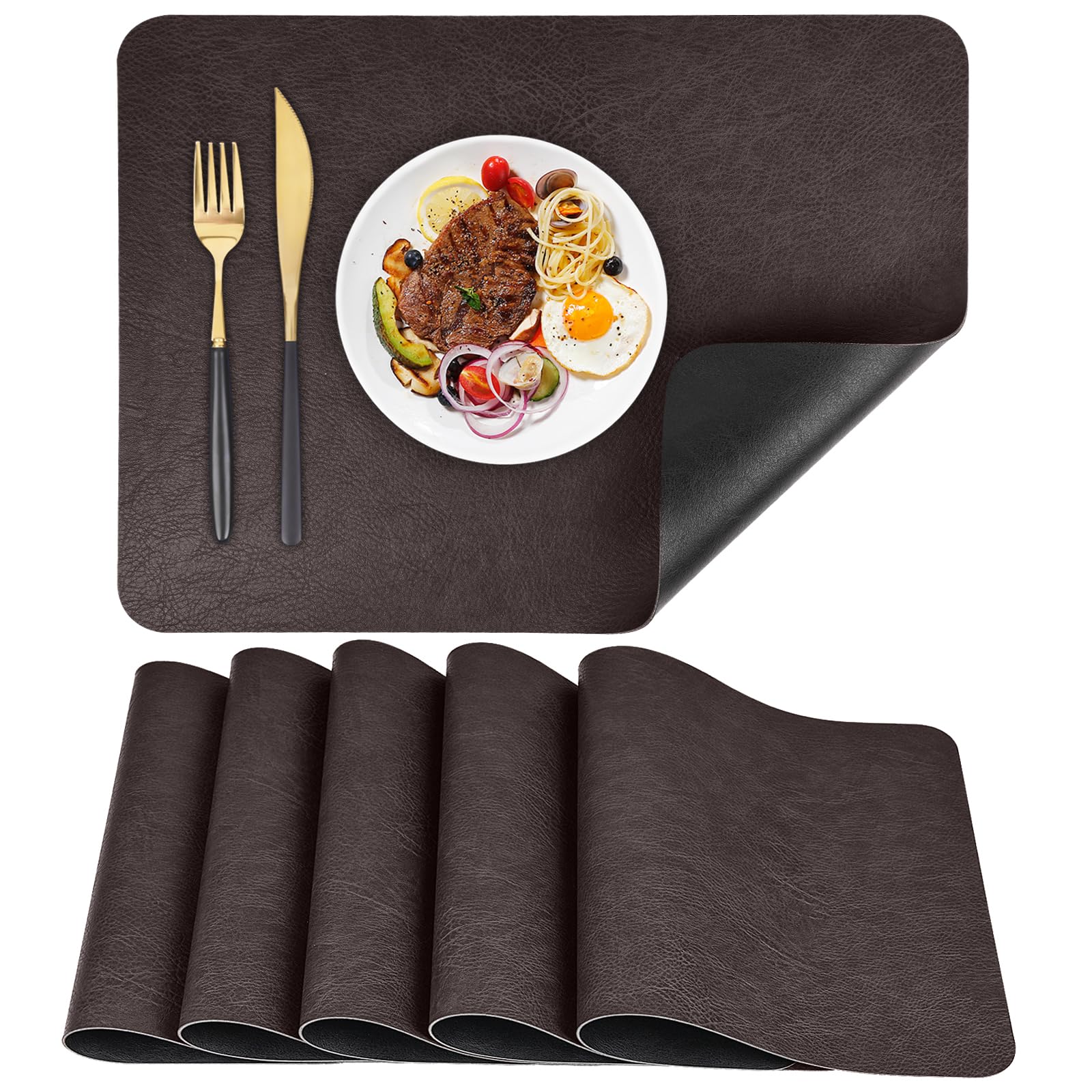 APLKER Placemats Set of 6, Waterproof Washable Table Mats Set of 6, PU Faux Leather Place Mats Heat Resistant Dual Sided Placemat for Dining Table Indoor Outdoor - 16.9 * 11.8 Inch (Brown/Black)