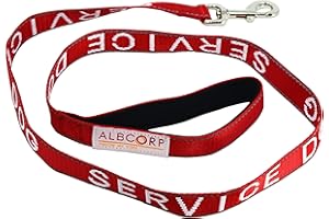 Albcorp Service Dog Leash - Embroidered- with Padded Neoprene Handle and Reflective threads, 4 Feet, for Harnesses, Vests or Collars, Red
