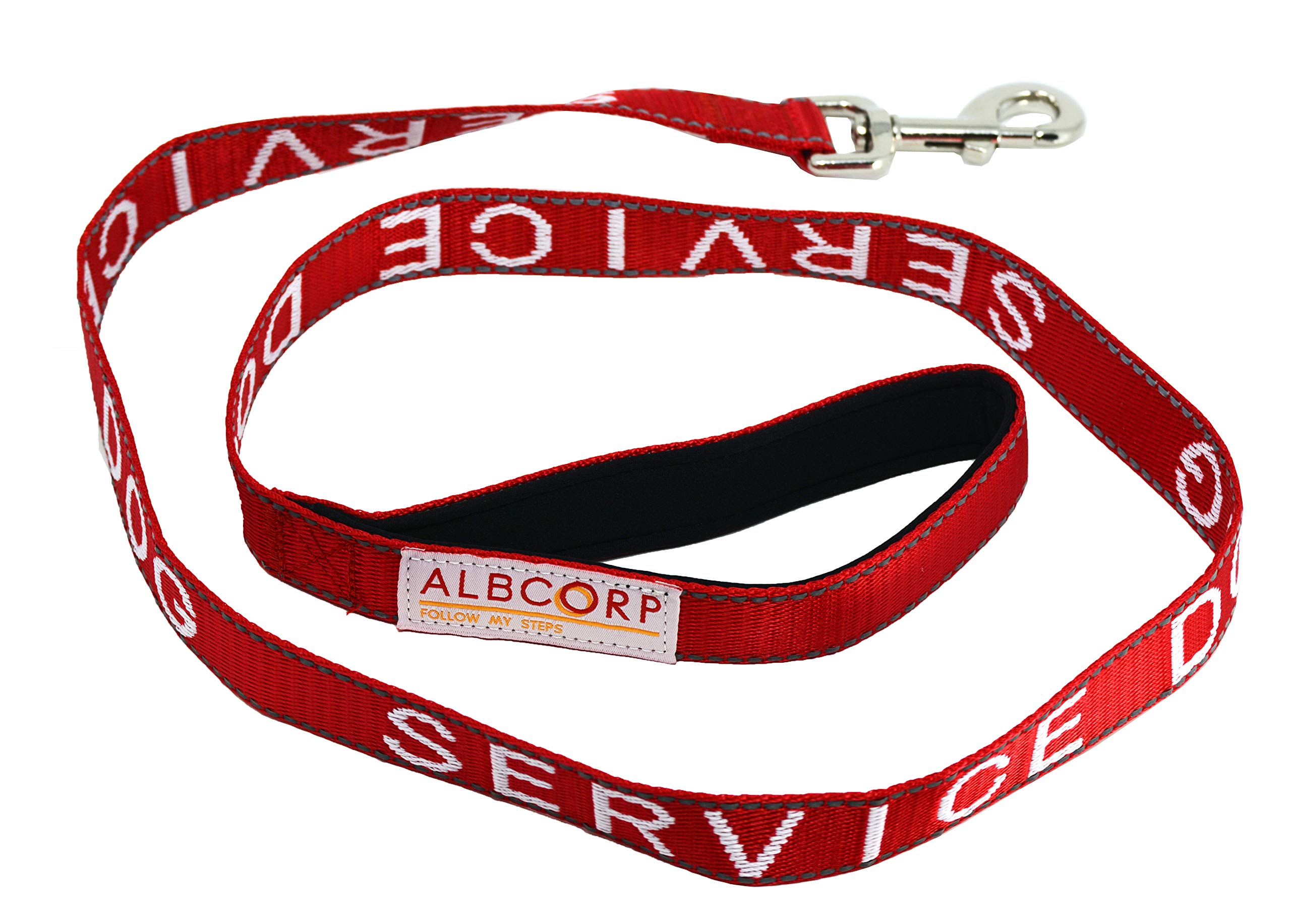 Albcorp Padded Service Dog Leash - with Neoprene Handle - and Reflective Silk-Screen Print for use on Harnesses, Vests, Collars, 4 Foot, Red โ image 1
