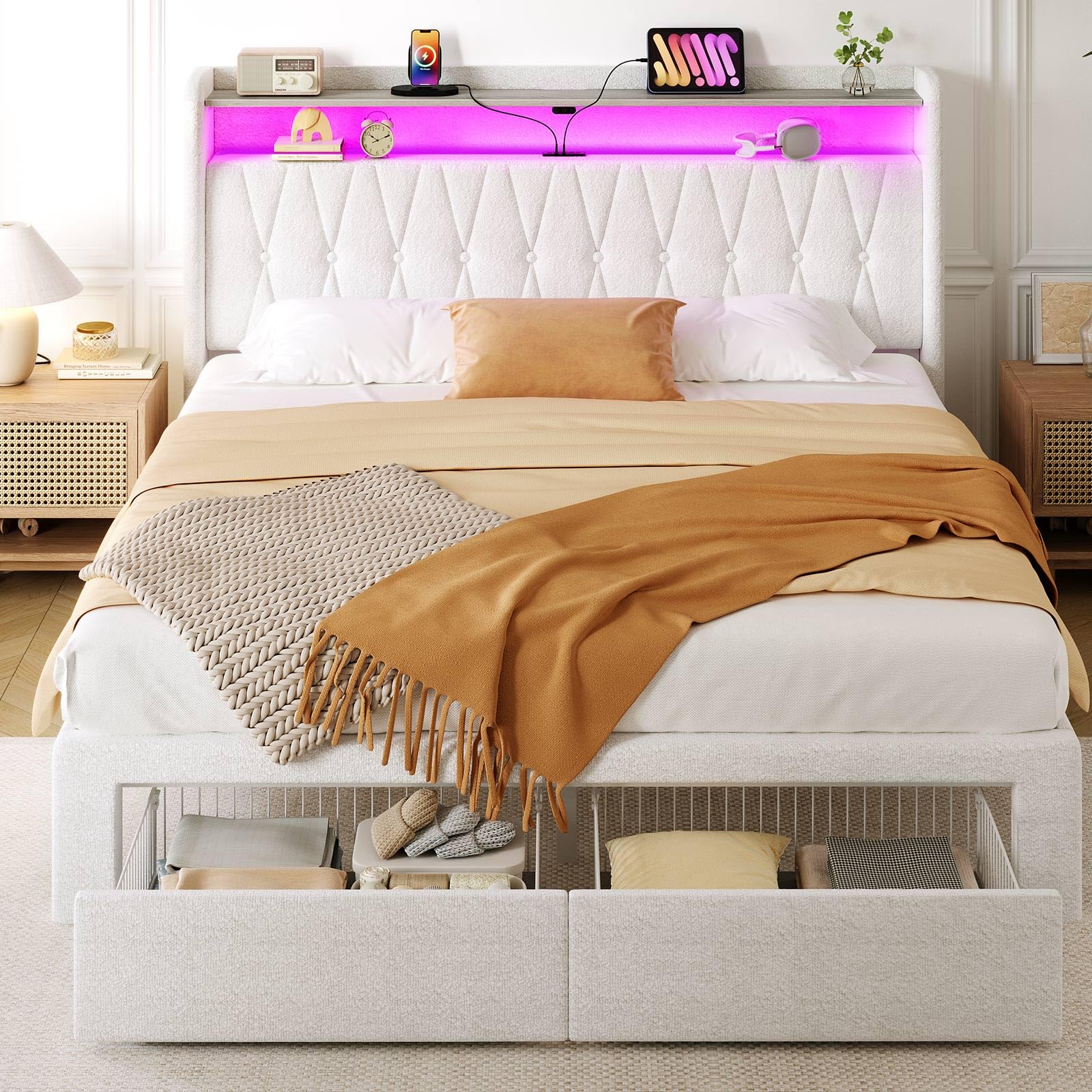 Rolanstar Queen Bed Frame with Drawers, Storage Headboard with Charging Station and LED Lights, Upholstered Bed with Heavy Duty Wood Slats, No Box Spring Needed, Noise Free, Easy Assembly, Beige Image
