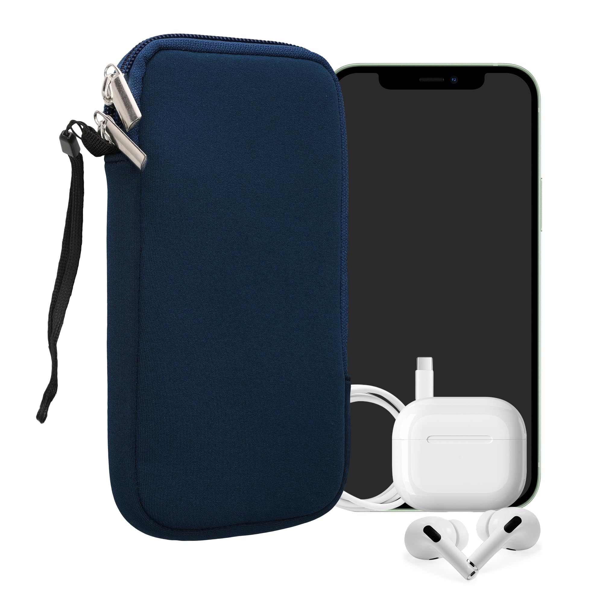 kwmobile Neoprene Phone Pouch Size XL - 6.7/6.8" - Universal Cell Sleeve Mobile Bag with Zipper, Wrist Strap - Navy Blue