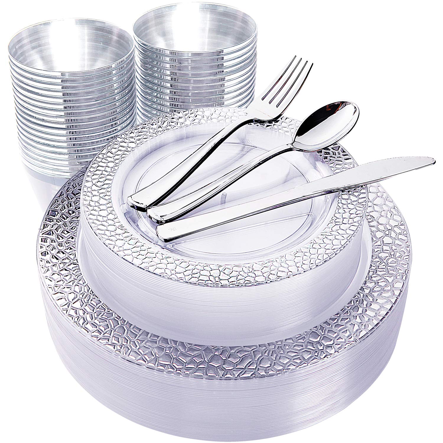 180pcs Plastic Silver Lace Plates, Silver Plastic Silverware,Plastic Cup with silver rim, Include 30 Dinner Plates, 30 Salad Plates, 30 Silver Cups, 30 Silver Knives, 30 Silver Forks, 30 Silver Spoons