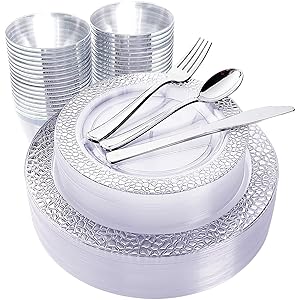 180pcs Plastic Silver Lace Plates, Silver Plastic Silverware,Plastic Cup with silver rim, Include 30 Dinner Plates, 30 Salad Plates, 30 Silver Cups, 30 Silver Knives, 30 Silver Forks, 30 Silver Spoons