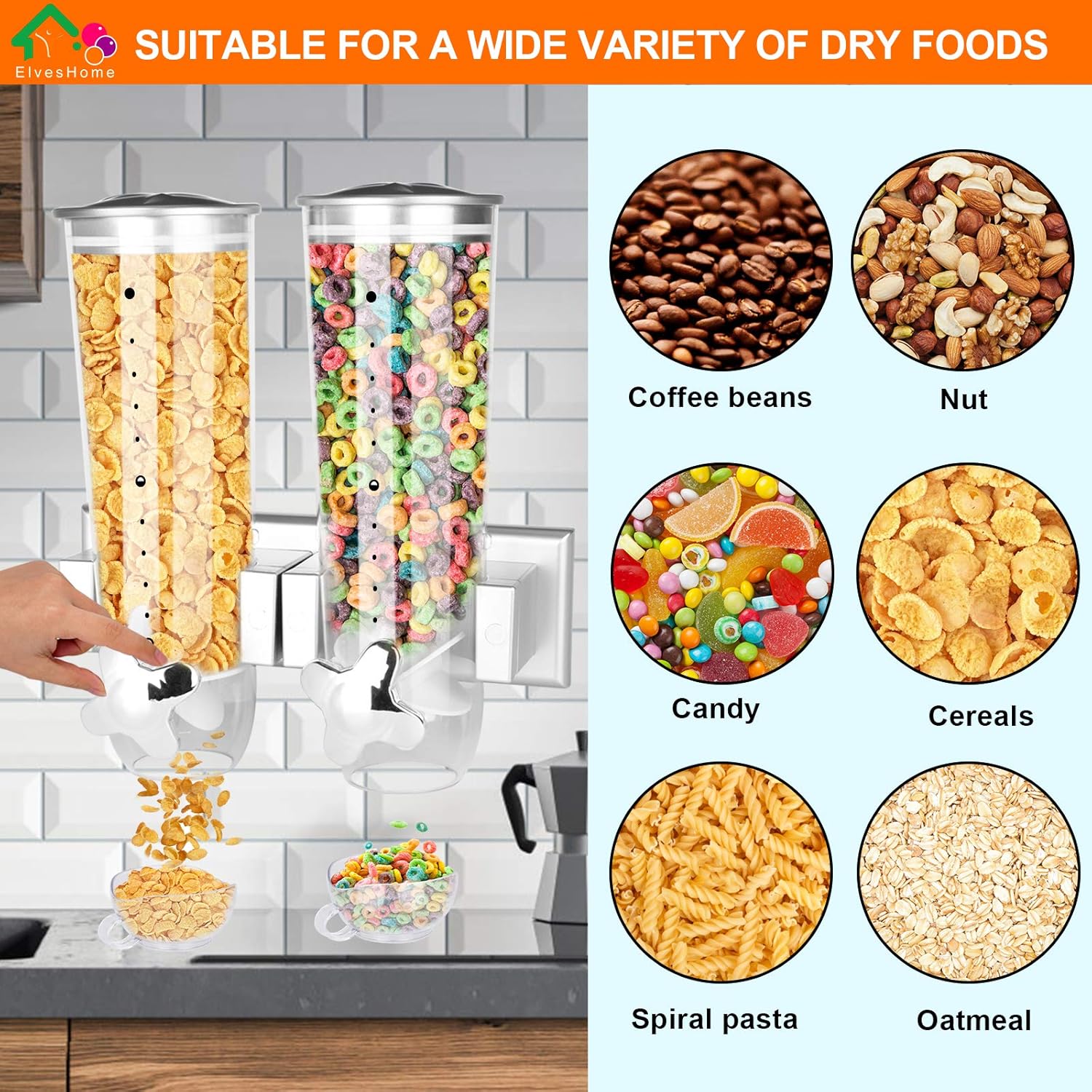 2PK Food Dispenser Wall Mount Double Dry Cereal Dispensers with 2 Cork& 2 Cup Convenient Storage Dual Control for Nuts Coffee Beans Trail Mix Candy Granola Rice Pasta Container 7.5Oz Each Cereals Bank: Kitchen & Dining
