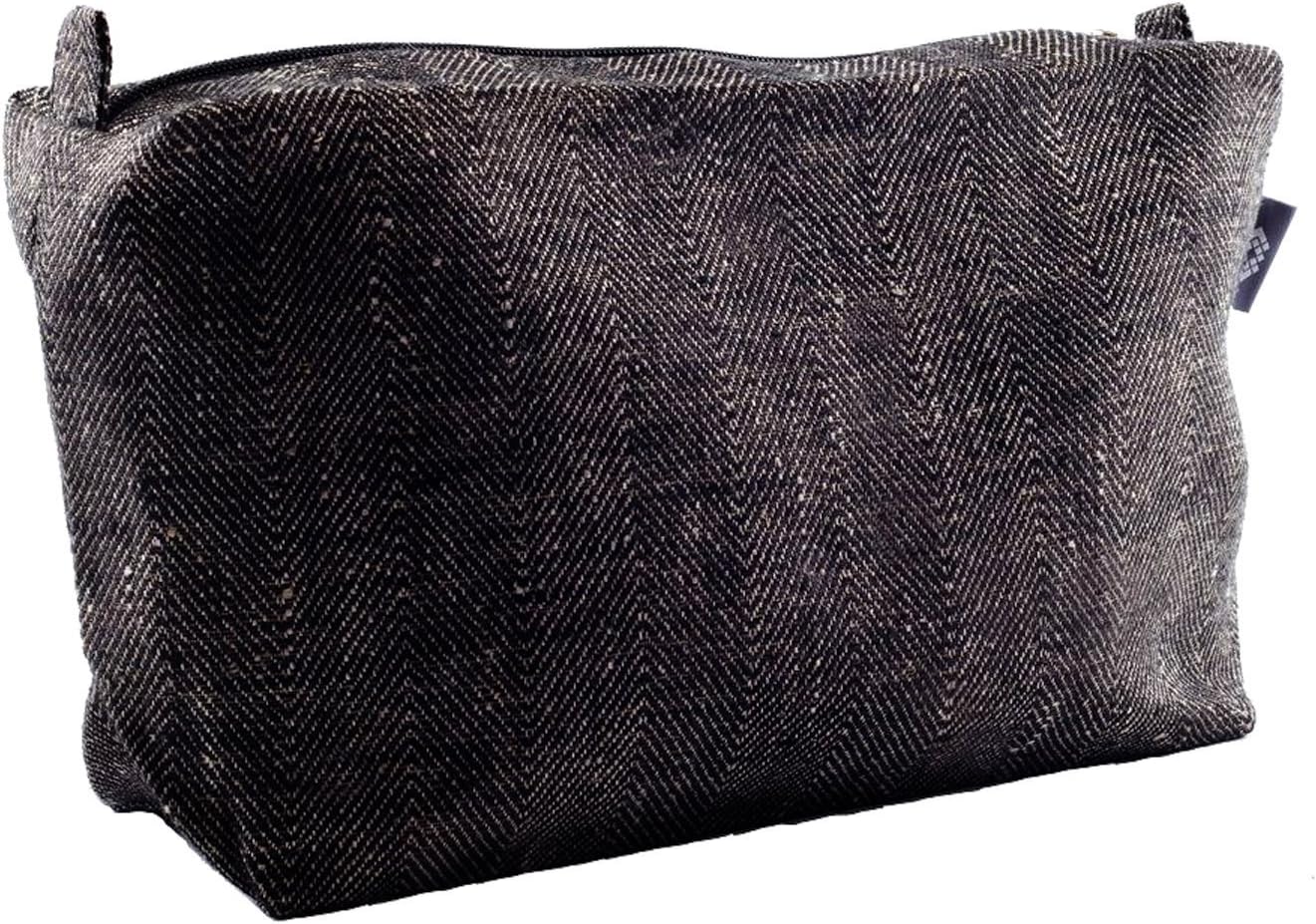 Handmade Large Black Toiletry Bag - 100% Flax Linen - Herringbone Makeup Zipper Pouch Case Travel Vegan Cosmetic – Gift for Him | Handcrafted by ThingStore