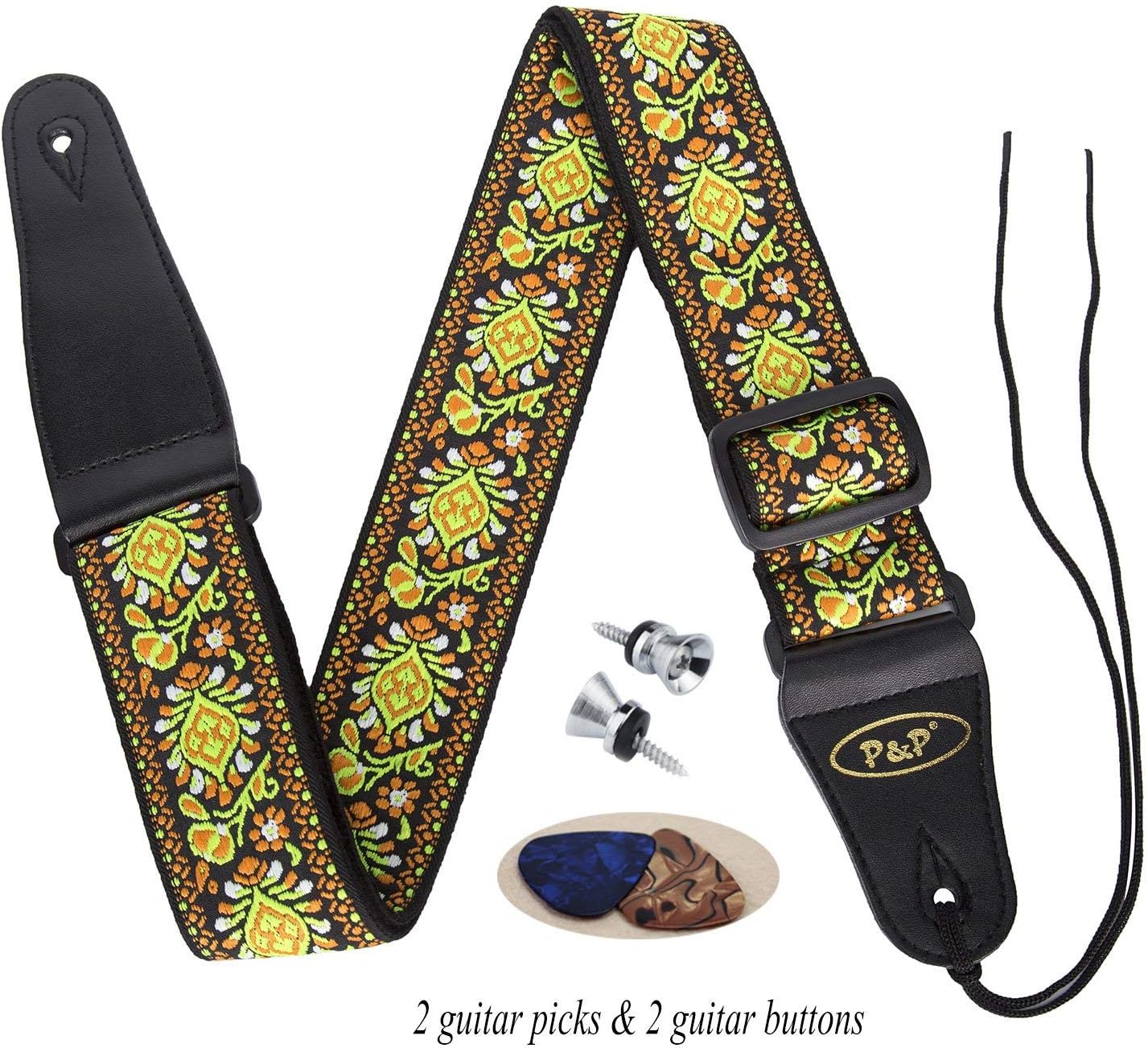 Guitar Strap，Phorcs Retro Guitar Strap Jacquard Weave Guitar Strap with Leather Ends - Soft Adjustable Guitar Strap for Electric Guitar Acoustic Bass, Includes 2 Picks - Best Gift for Guitarist