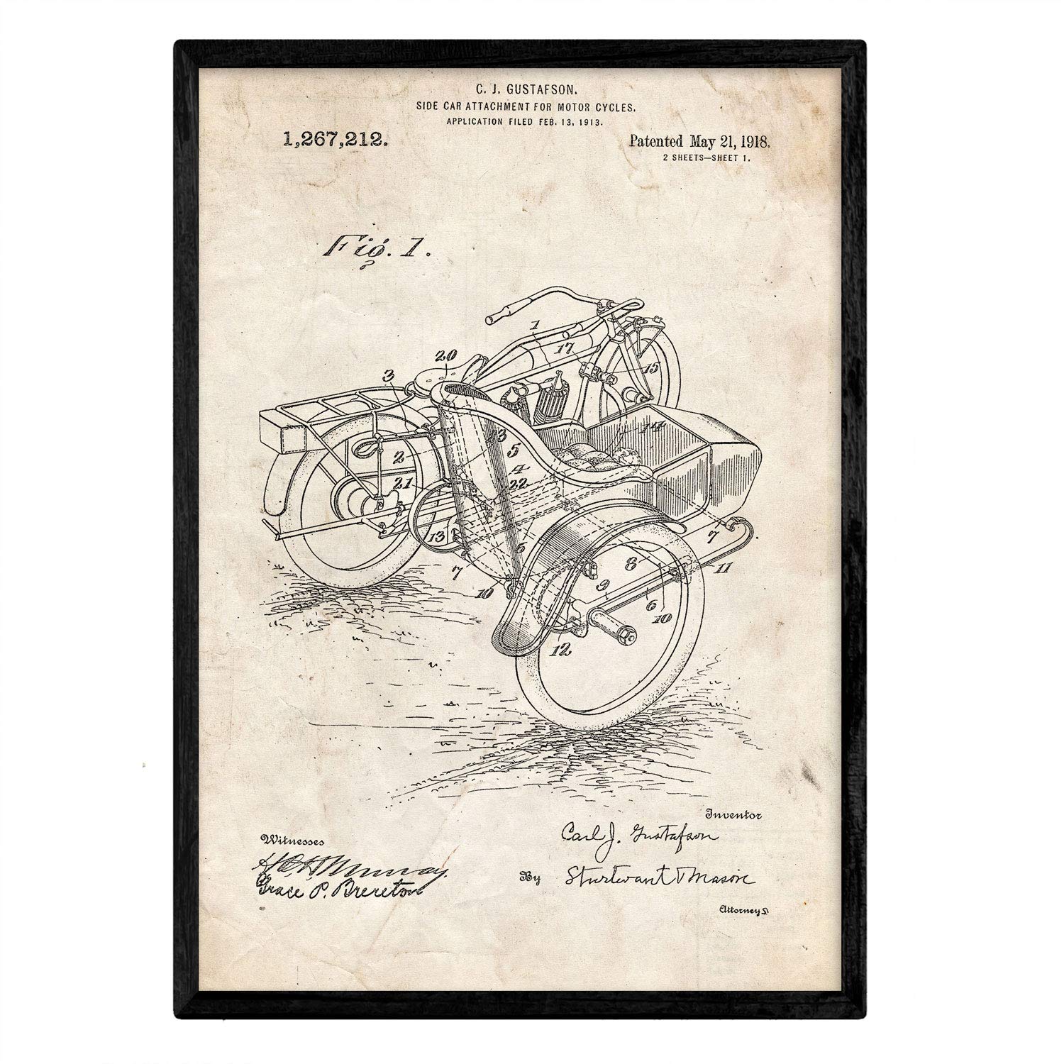 Nacnic Patent Poster with sidecar. Sheet with old design patent in A3 size and vintage background