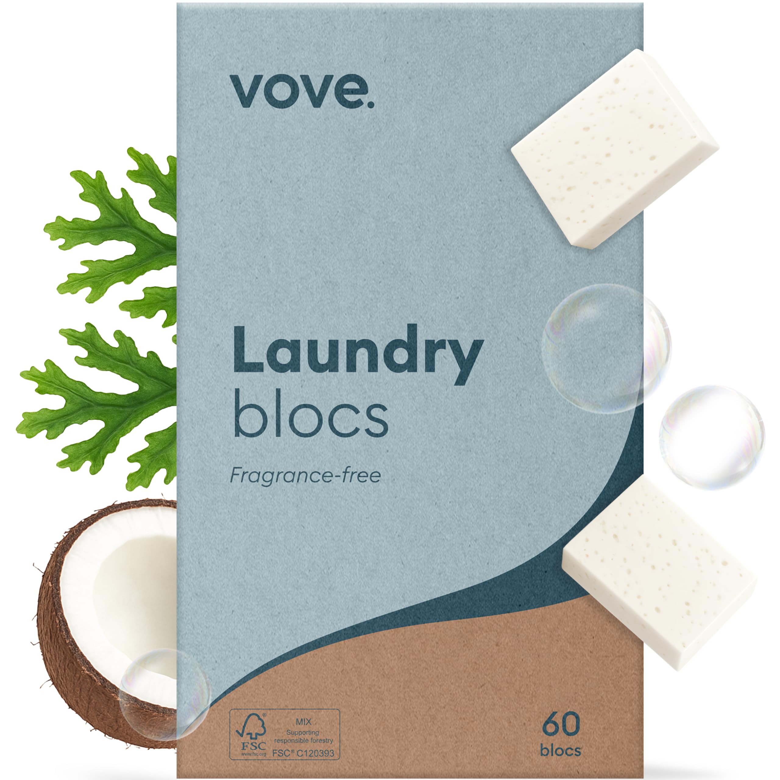 Photo 1 of Vove Plastic-Free Laundry Detergent Blocs - 60 Ultra-Concentrated Tablets, Better Than Pods & Sheets - 5-Layer PureStack Technology, 3X Enzyme Power, Fragrance Free, Eco-Friendly