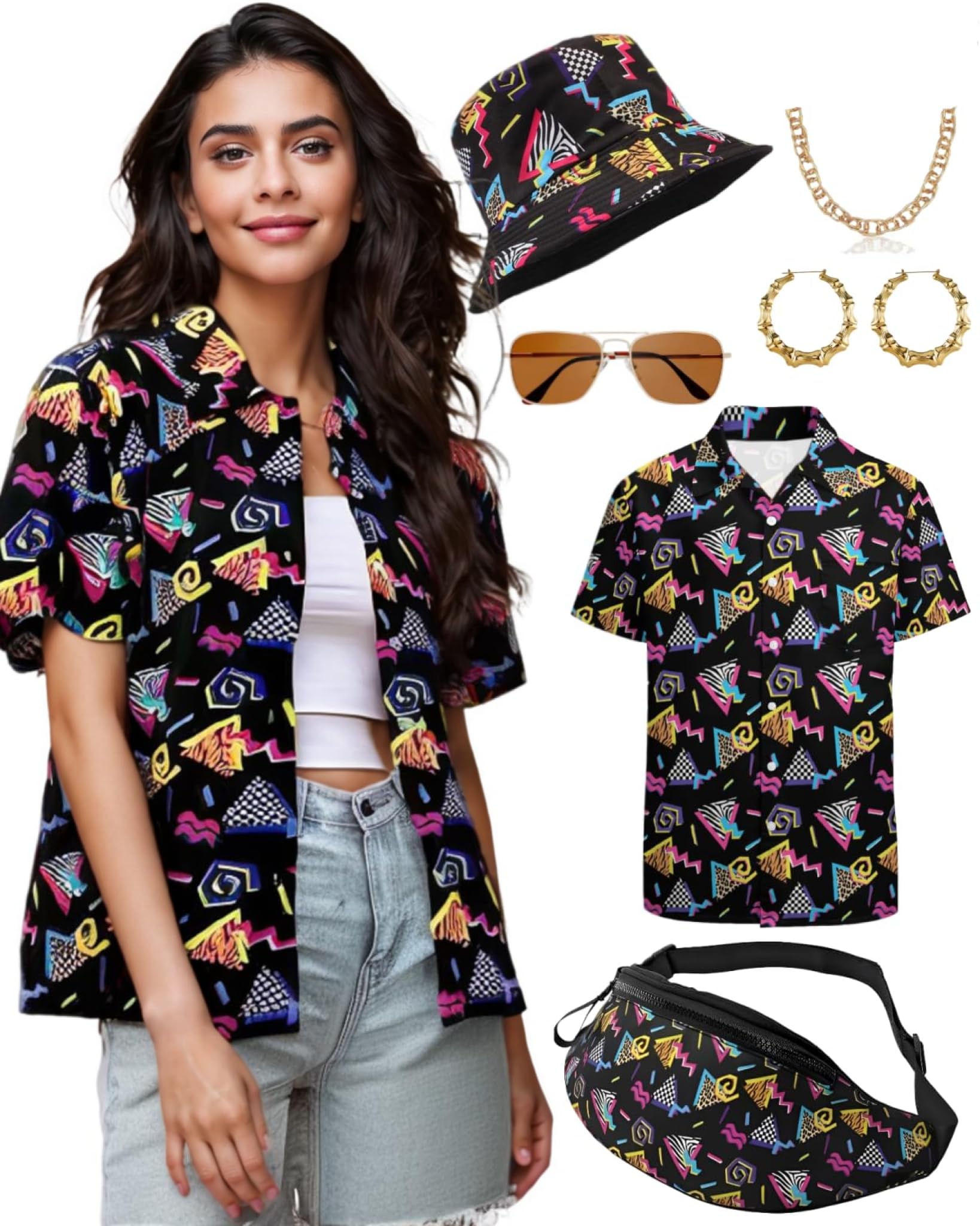 Vercico 80s Fancy Dress for Women Hawaiian Shirt 80s Leggings, 90s Fancy Dress Women with 90s Accessories, Party Outfit for Hip-Hop Raves Music Festival Christmas Masquerade Balls (Black, L)