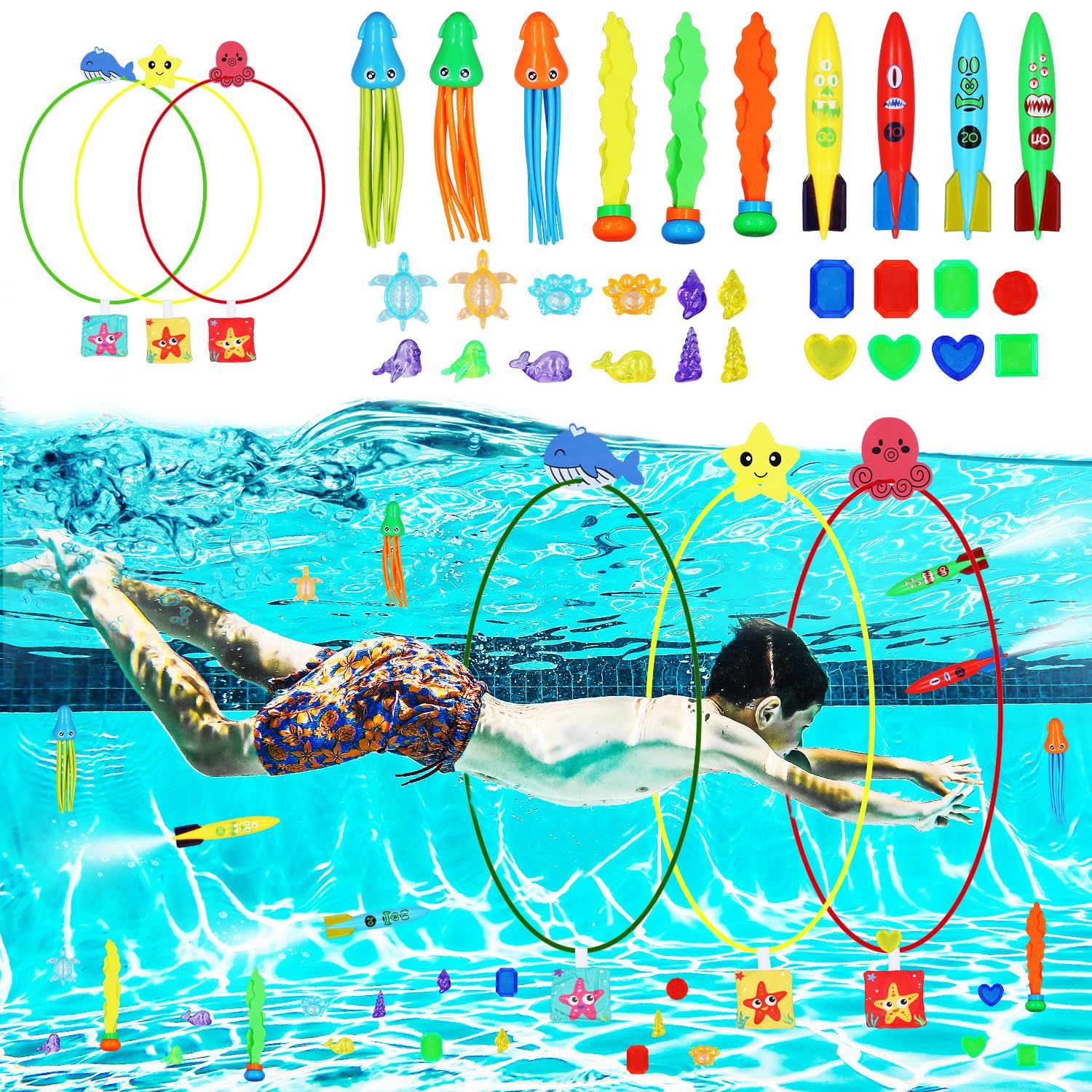 lasuroa 39pcs Diving Toys Set, Multicolored Pool Sinking Toys Dive Game Octopus Turtle Starfish Diving Gems Underwater Swimming Training Toys Diving Thru Rings for Kids Family Sports Skill