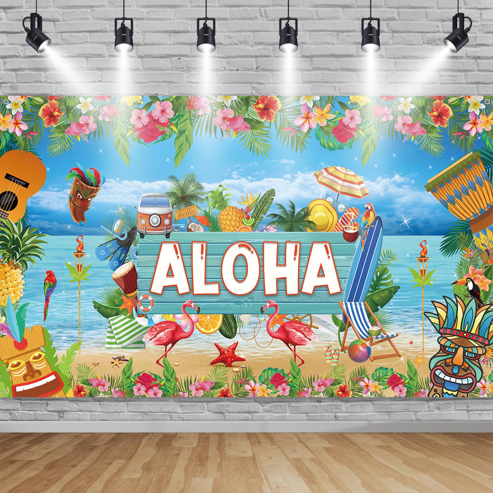 TUTUXMA Hawaiian Aloha Party decor Hawaii Summer Luau Beach Banner Background Large Backdrop Tropical Photo Booth Sign decor, 185×110cm, Wood Plank-blue