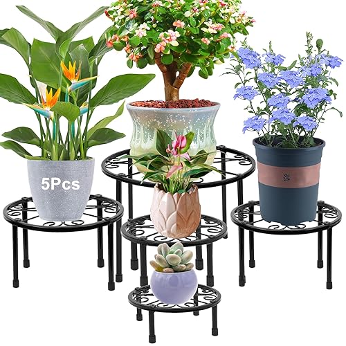 VeyFolzin.st 5-Pack Metal Plant Stands, Heavy Duty Flower Pot Stand for Multiple Plant, Potted Plant Holder Shelf for Garden Home Indoor Outdoor (Black)