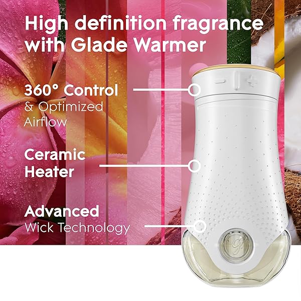 GLADE PLUGINS REFILLS AIR FRESHENER STARTER KIT, SCENTED AND ESSENTIAL OILS FOR HOME AND BATHROOM, EXOTIC TROPICAL BLOSSOMS, 0.67 FL OZ, 1 WARMER + 1 REFILL