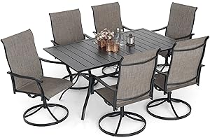 Nixtopia 63" x 38" 7 Piece Patio Dining Table and Chairs Set with 1 Metal Rectangle Outdoor Table and 6 Piece Brown Gray Mixture Sling Swivel Chairs - Retro Armrest