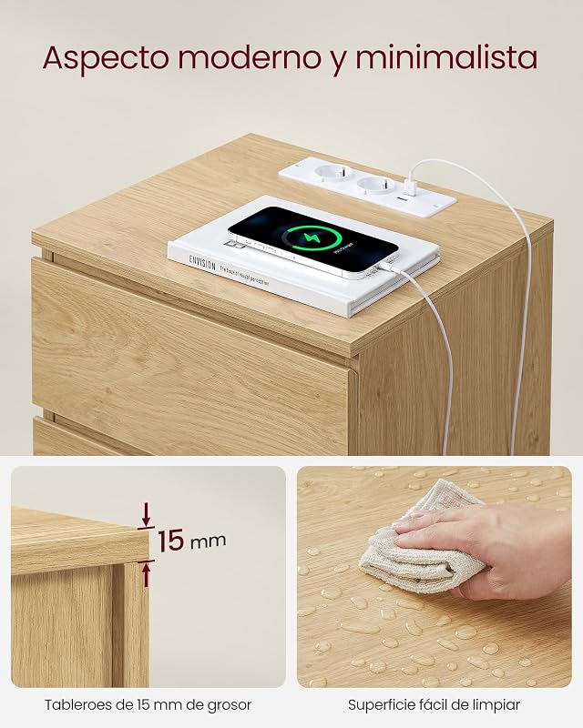 Coleção KAILYN - Mesa de cabeceira com estação de carregamento, conjunto de 2, mesa lateral com 3 gavetas, 2 tomadas AC, 2 portas USB, quarto, escritório, amarelo palha LET831Y70
